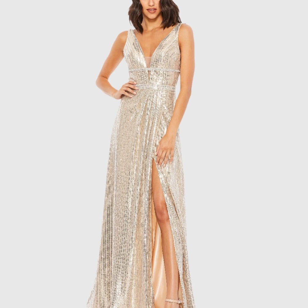 Mac Duggal Gold Sequin Gown with Plunge Neckline
